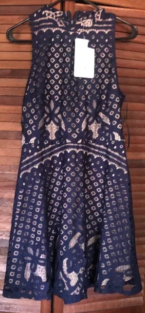 Love Fire dress- Navy blue lace with tan lining-sleepless-Juniors large-NWT