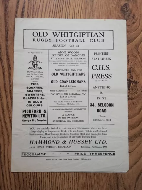 Old Whitgiftians v Old Cranleighans Nov 1953 Rugby Programme