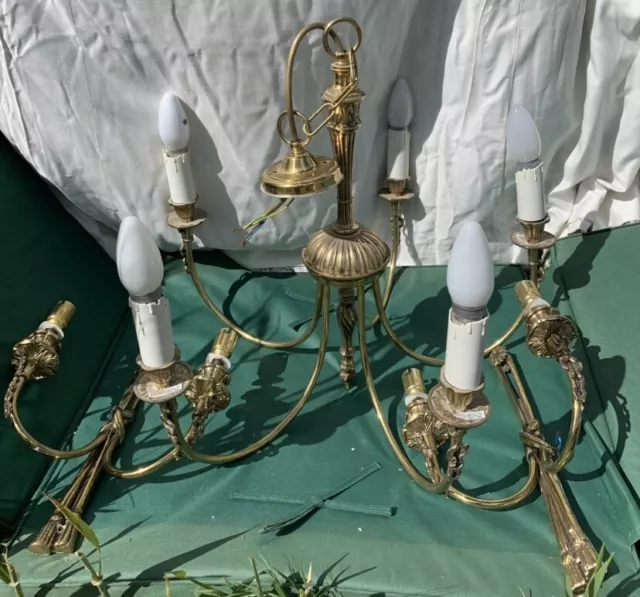Vintage 5 Zweige Messing Deckenhängekronleuchter & 2 Wandlampen Lichter Bogen Set