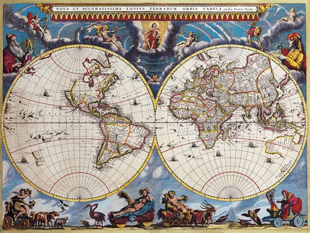 Map of the World Double Hemisphere 1662 A2+ High Quality Canvas Art Print