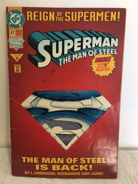 Reign Of The Supermen Superman Man Of Steel #22 Jun 1993 W/Poster&Die Cut Cover