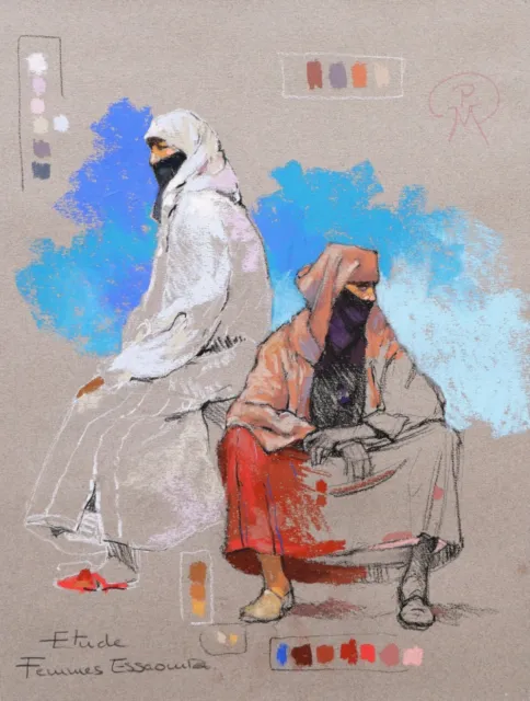 Dessin pastel tableau encadré orientaliste femmes Essaouira Maroc Patrick MARTIN