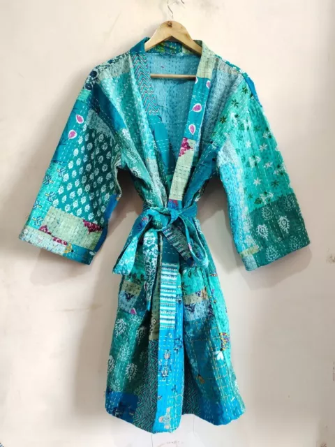 Silk patchwork handmade kantha jacket japanese kimono style kantha robe winter