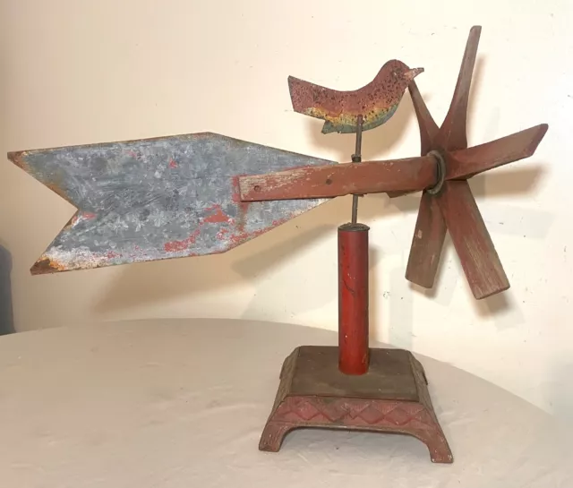 antique 19th century handmade wood steel iron bird weather vane whirligig stand