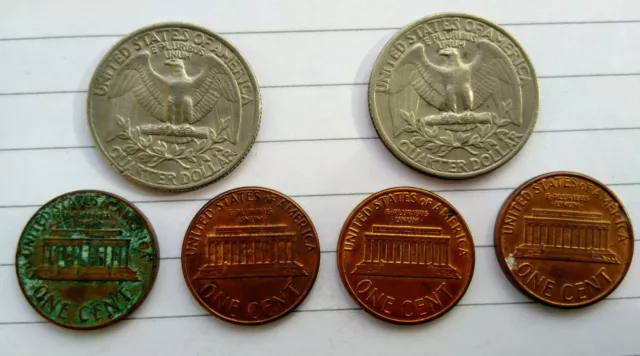 America USA  lot 6 Coins: Quarter Dollar 1977 1978, One Cent 1972 1985 1986 1987