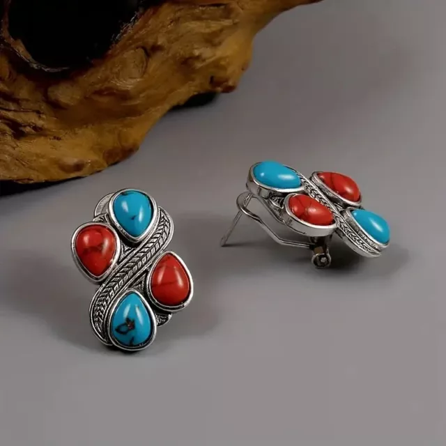 Sterling silver plated red & blue turquoise cluster stud earrings 1" x 3/4"