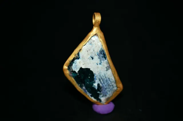 Beautiful Large Ancient Iridescent Roman Glass Pendant With Gold Plated Mount