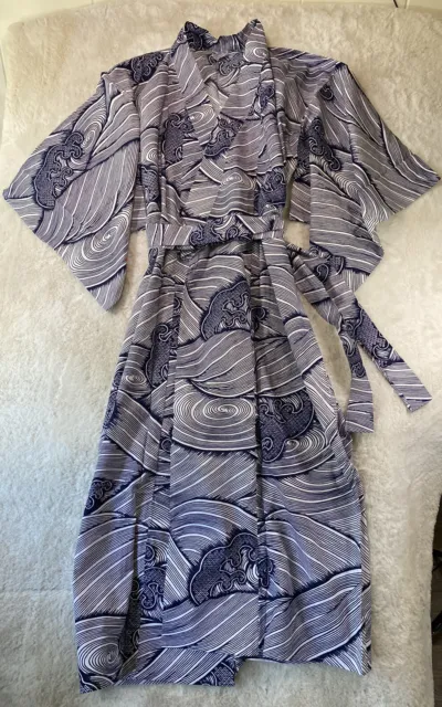 Tokyo Kimono Robe Size 58 in Japanese Blue Waves Lightweight Cotton Made Japan