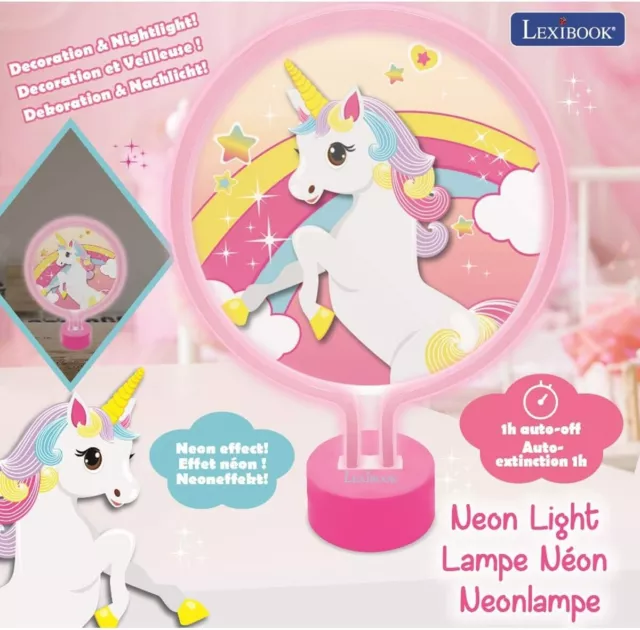 Lampada portatile Lexibook unicorno al neon bambini luce notturna camera da letto rosa buonanotte