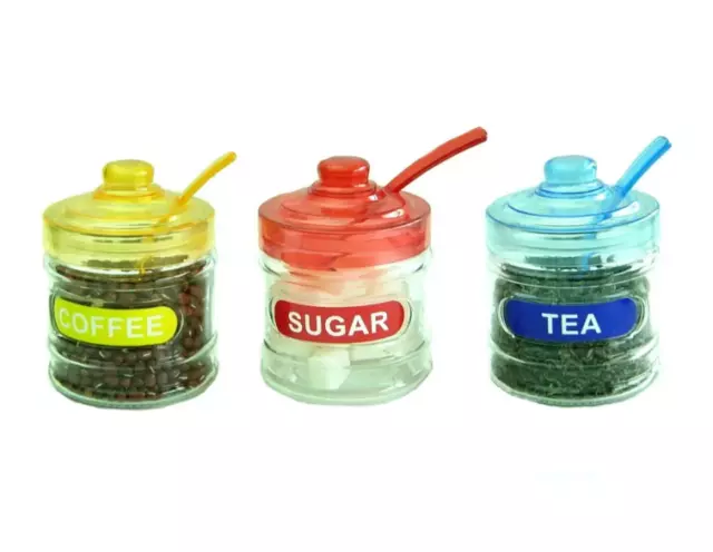 3pc Glass Round Tea Coffee Sugar Kitchen Storage Canister Pot Jar Set With Spoon