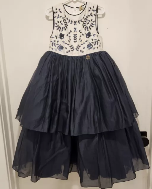 Elie Saab Navy And White Blue Silk Organza Embroidered Gown Sz 6 Nwt Was $1000