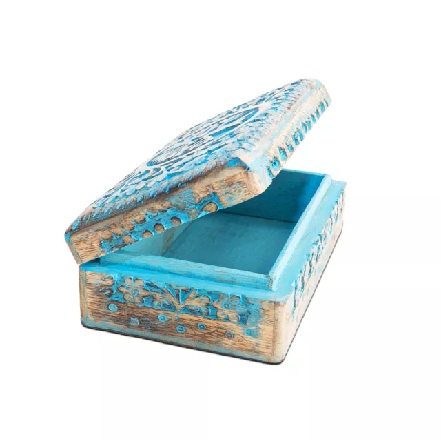 Handmade Decorative Wooden Jewelry Box Tree Of Life Carving (Blue Wash Finish)