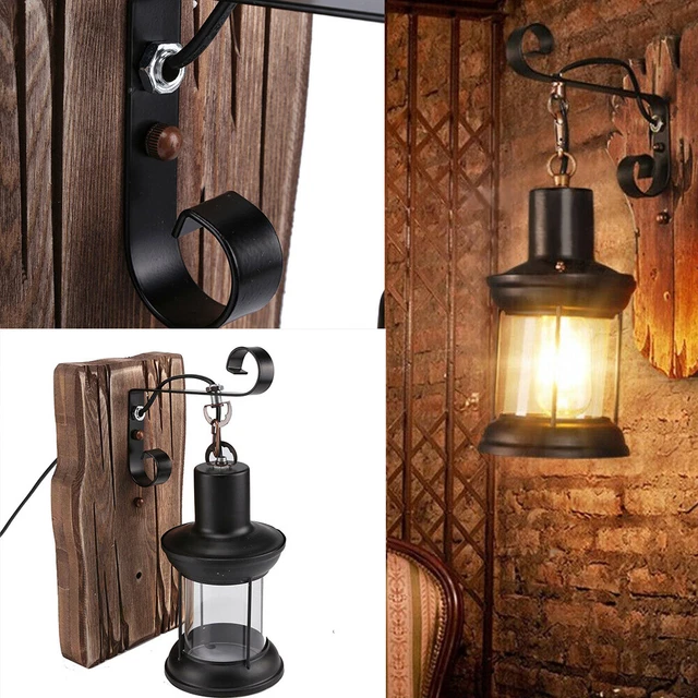 2xAntik Retro Vintage Industriell Holz Wandleuchte Wand Lampe Wandleuchter Licht 5