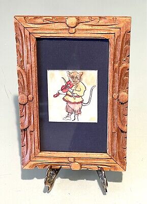 Antique Vintage 19C Watercolor Cat in Fiddle Miniature Child Painting Old Framed