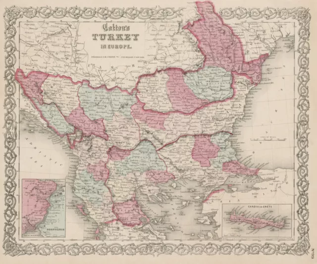 "Colton's Turkey in Europe". Balkans Rumilia Wallachia Macedonia Crete 1863 map