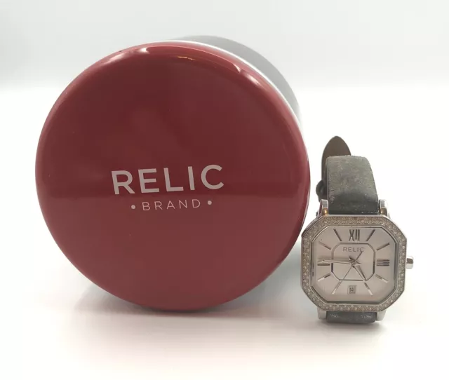 Relic Womens ZR34179 Silvertone Analog Watch w Faux Clear Stones & Relic Box