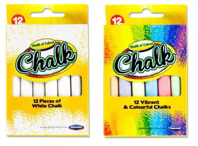 Pack of 12 White Or Coloured Chalk Sticks School Art Blackboard Pavement