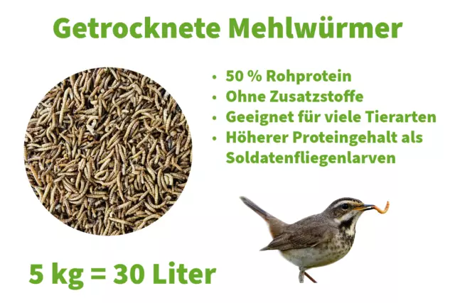 Mehlwürmer getrocknet 5kg 30 Liter Vogelfutter Insekten für  Reptilien Wildvögel
