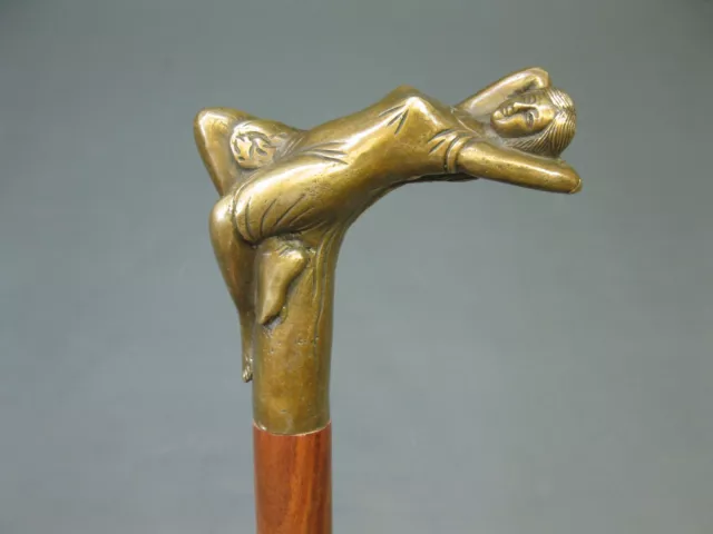 Bois Canne à Marche Bronze Poignée Acte Dame de 88cm Sammlerstock Art Nouveau