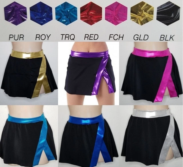 Sidelines MOCK WRAP SKIRT Dance Costume Black w/GOLD, TRQ, FCH, PUR, SILVER, ROY