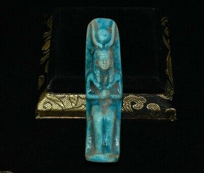 Ancient Egyptian Turquoise Glazed Faience Amulet depicting seated goddess Hathor