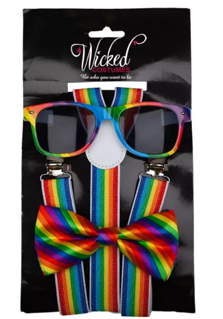 NEW Rainbow Kit Adult Braces, Bow Tie & Sunglasses Pride Fancy Dress