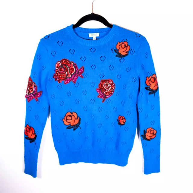 Kenzo Paris Long Sleeve Graphic Knit Floral Flower Crystal Embellished Sweater