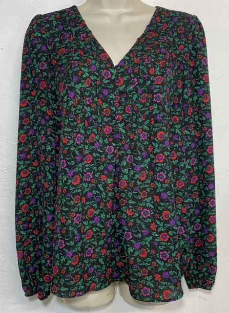 Cupcakes Cashmere Medium Blouse Black Green Floral Button V-Neck Long Sleeve Top