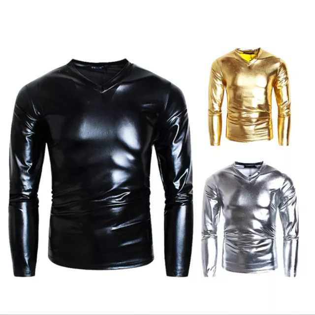 New Men T-Shirt Metallic Shiny Tops Tee Nightclub Long Sleeve V Neck Blouse