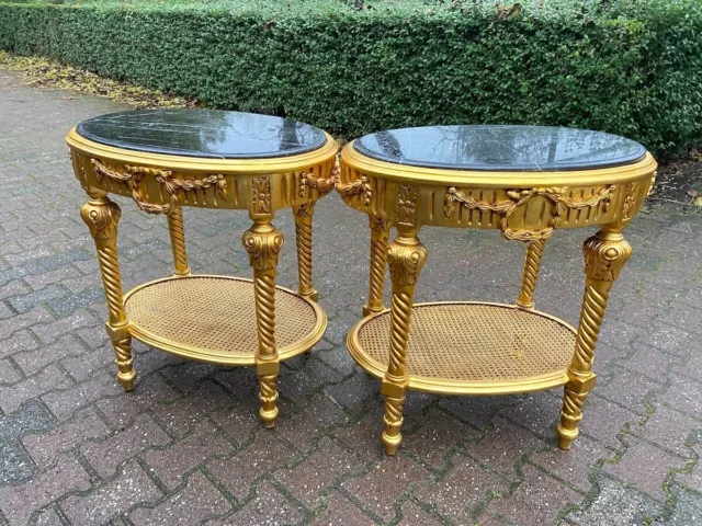 Luxurious Vintage Louis XVI Style Side Tables: Gold Beech with Black Marble Top