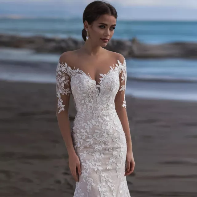 Mermaid Tulle Lace wedding dressAppliques Illusion Back Buckledress 3