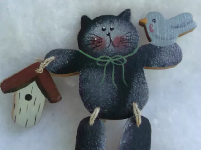 VTG Smiling Cat Kitty Dangling Wooden Kitten Pin Brooch Lapel 3”