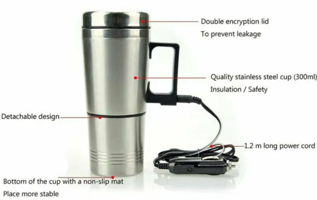 12V In-Car Thermos Thermal Heated Travel Mug Cup Caravanning Camping Coffee Tea 3