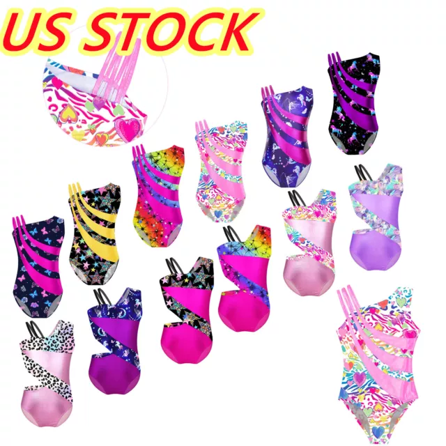 US Girls Sleeveless Leopard Dance Leotard Gymnastics Dancewear Swimwear Unitards