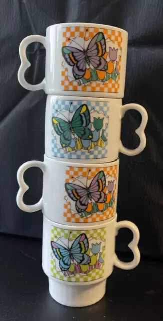 Set of 4 Stacking Butterfly Cups Mugs Coffee Tea Nesting Colorful BEAUTIFUL!