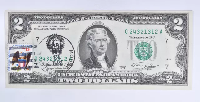 First Day Issue 1976 $2 Federal Reserve Note - Stamped! *497