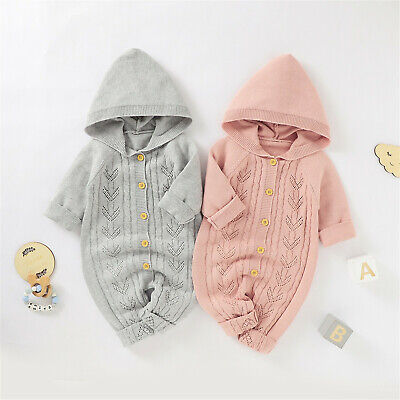 Infant Baby Girls Boys Cotton Knitted Hooded Sweater Romper Jumpsuit Outfits