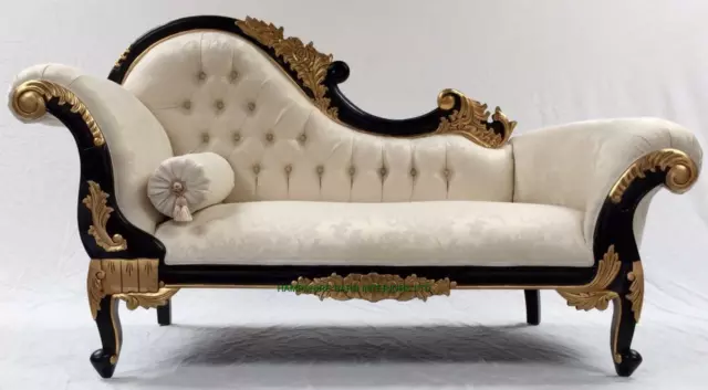 Ornate French Black Gold Louis Chaise Sofa Ivory Cream Fabric Carved Home Salon