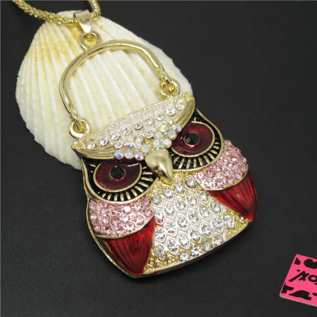 New Pink Enamel Cute Owl Handbag Crystal Fashion Lady Pendant Women Necklace