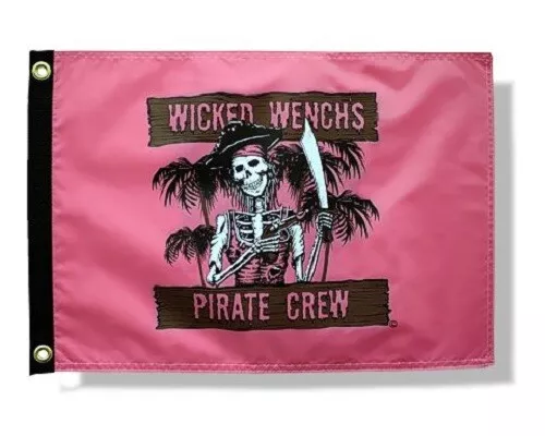 Nautical WICKED WENCH'S PIRATE CREW 12" x 18" Durable Pink Double Sided Flag USA