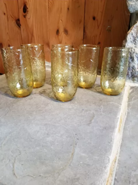 6 Vintage Anchor Hocking SHERWOOD Drinking Glasses Amber Leaf Yellow Gold