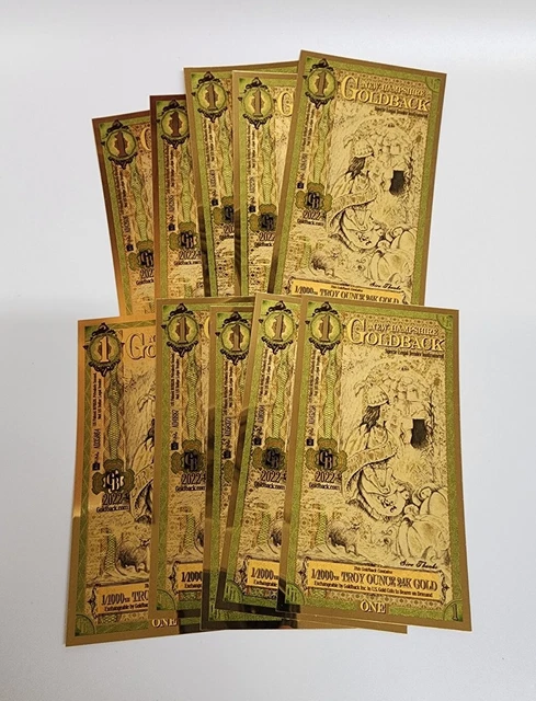 (10) 1 New Hampshire Goldback - 1 Note Contains 1/1000th Oz 24k GoldBack
