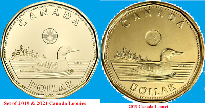 Set of 2021 & 2019 Canada Loonies One Dollar Coin. Mint UNC Canadian CA $1 Loons