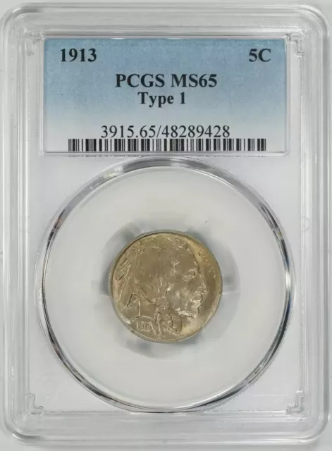 1913 Buffalo Nickel 5C Type 1 Pcgs Certified Ms 65 Mint State Unc (428)