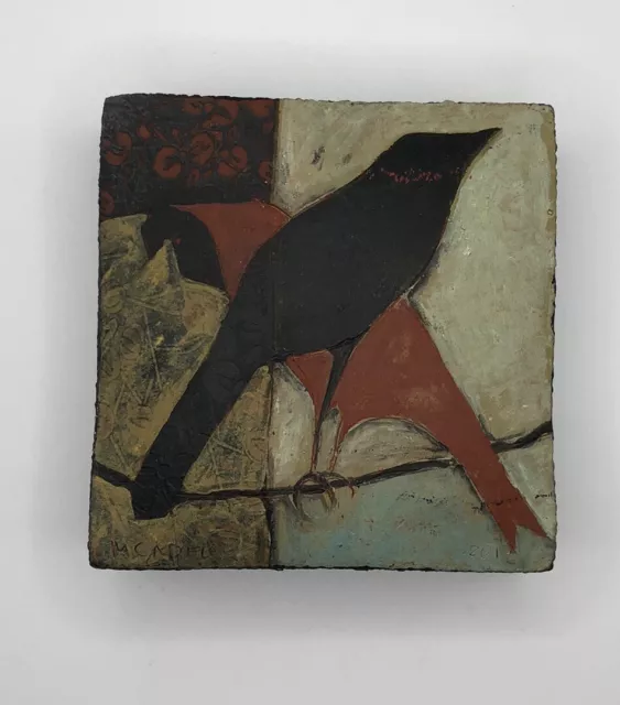 Vtg Artist Signed Sparrow bird Black Crow Raven Pottery Wall Art Hanging 3.5”