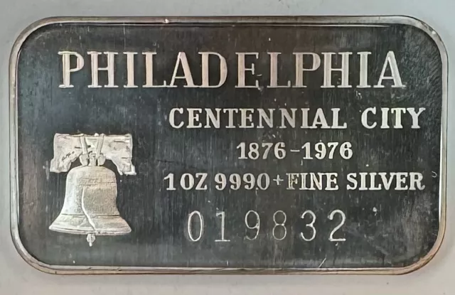 Philadelphia Centennial City 1976 1 oz ¡barra de plata 0,999! ¡HERMOSO! Sin precio base #40577