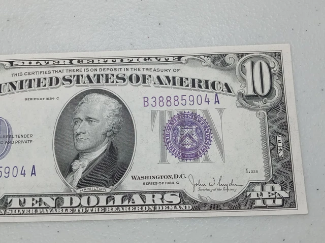 "888" Better Grade 1934 C $10 Ten Dollar Silver Certificate Note Blue Seal, A80 3