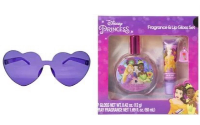 Gafas de sol Disney Princess fragancia de fresa 2 piezas, brillo labial de algodón de caramelo, gafas de sol