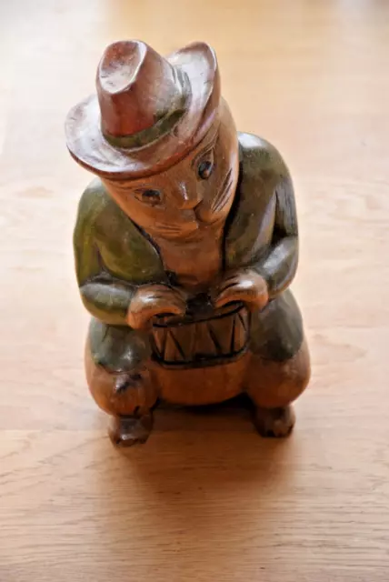 Vintage  Wood Carved Seated Cat With Hat Playing an  Instument.