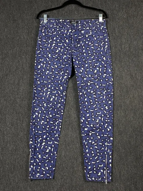 APC Womens Size 27 Leopard Print Skinny Ankle Pants Blue Cotton Cropped Zip Fly